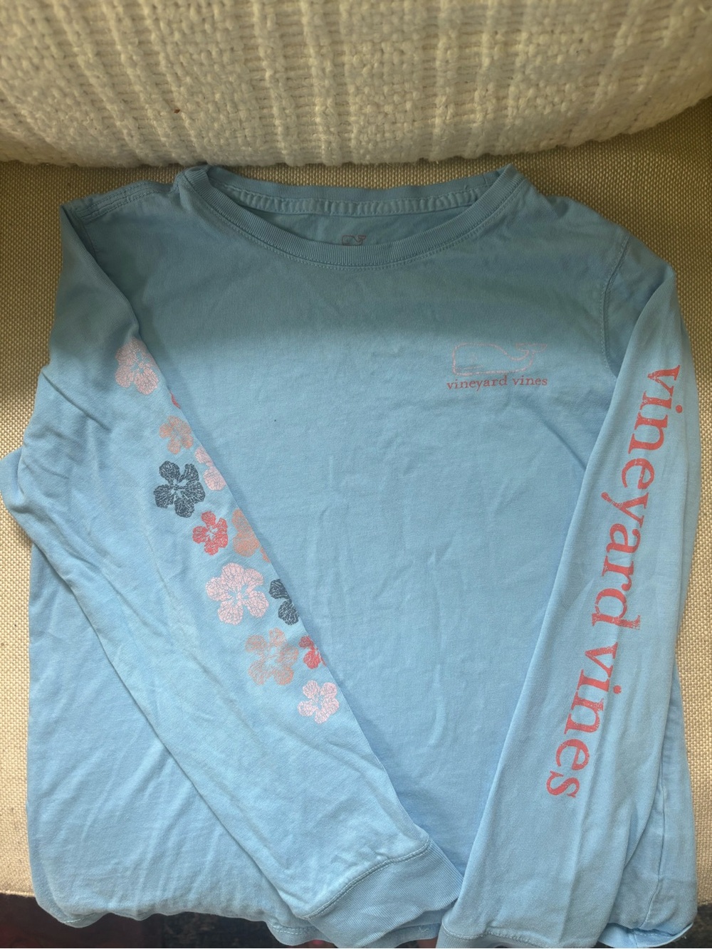 Vineyard Vines Sky Blue Long-Sleeve Tee with Pink Sleeve Logo
